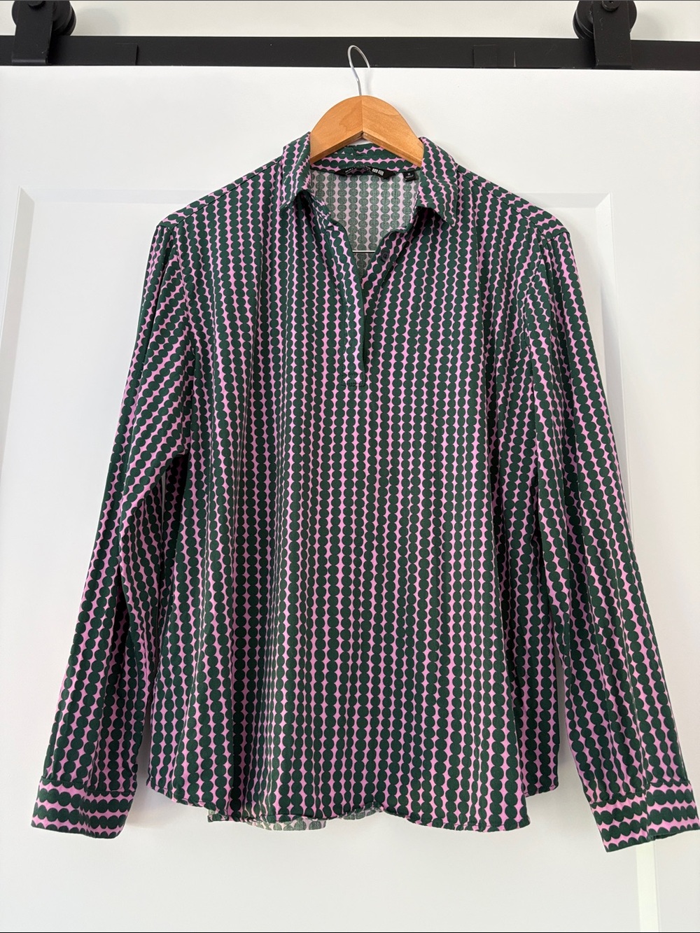 UNIQLO x Marimekko Pink and Green Geometric Long-Sleeve Blouse